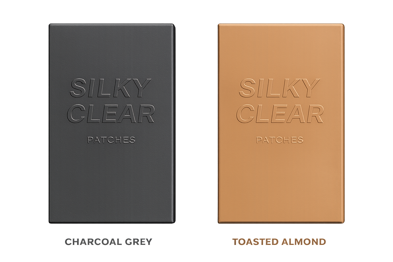 Silky Clear Patches boxes in Charcoal Grey and Toasted Almond